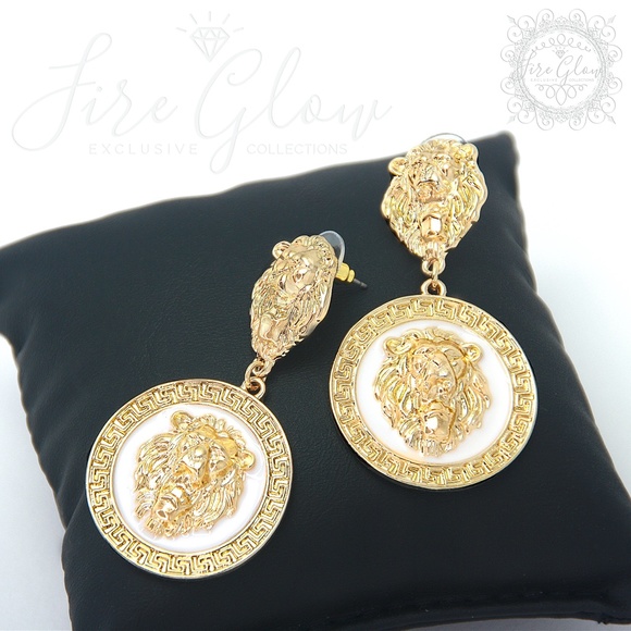 White and Gold Tone Framed Lion Earrings - Picture 1 of 8